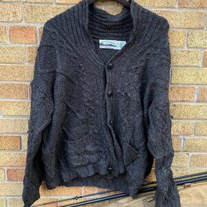 Aran Crafts Merino Wool Cable Knit Cardigan Sweater Gray XL MADE IN IRELAND